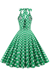 Grünes Neckholder Polka Dots Kleid aus den 1950er Jahren